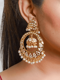 Jadau Jhumka Chandbali Earrings - White - QUEENS JEWELS