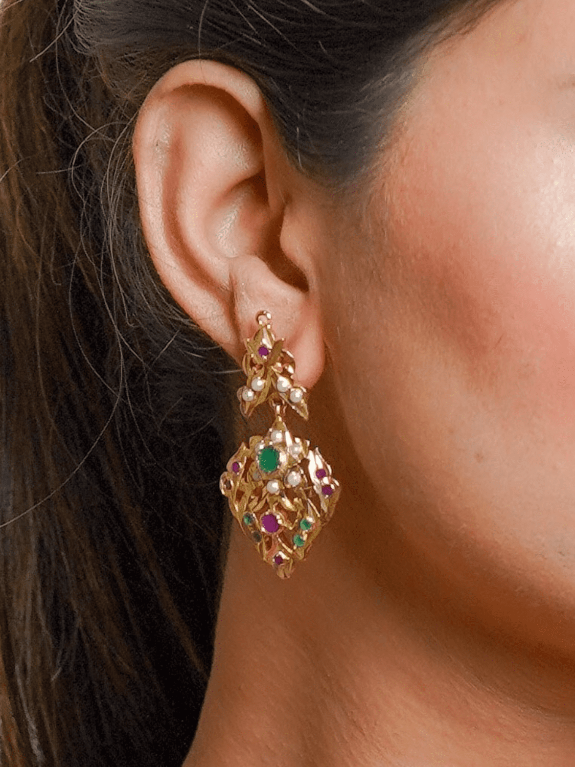 Multicoloured paan shaped jadau dangler earrings