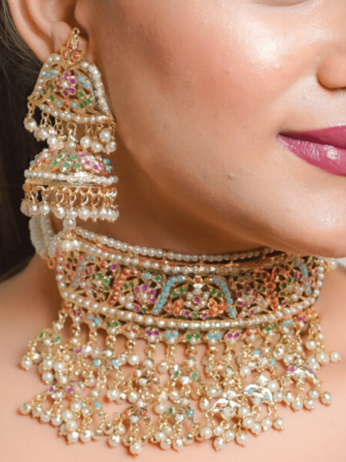 Navratan Jadau Choker with Earrings (Necklace and Earrings Set) - QUEENS JEWELS