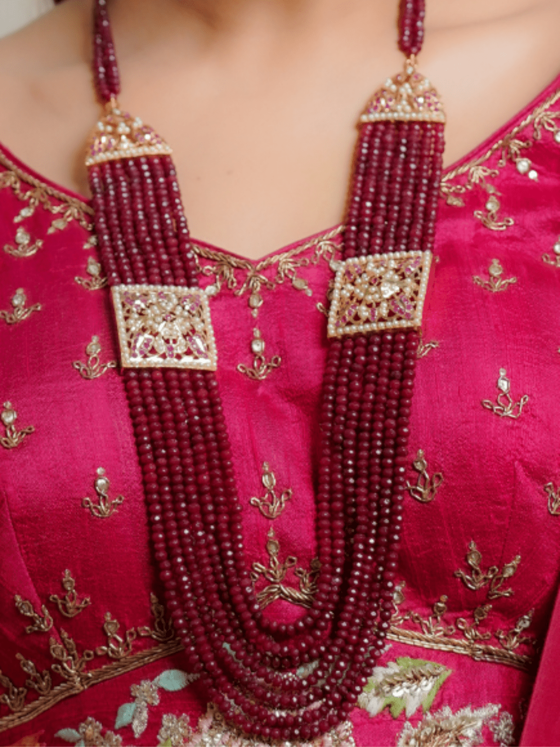 Multi string ruby toned jadau tukdi long necklace