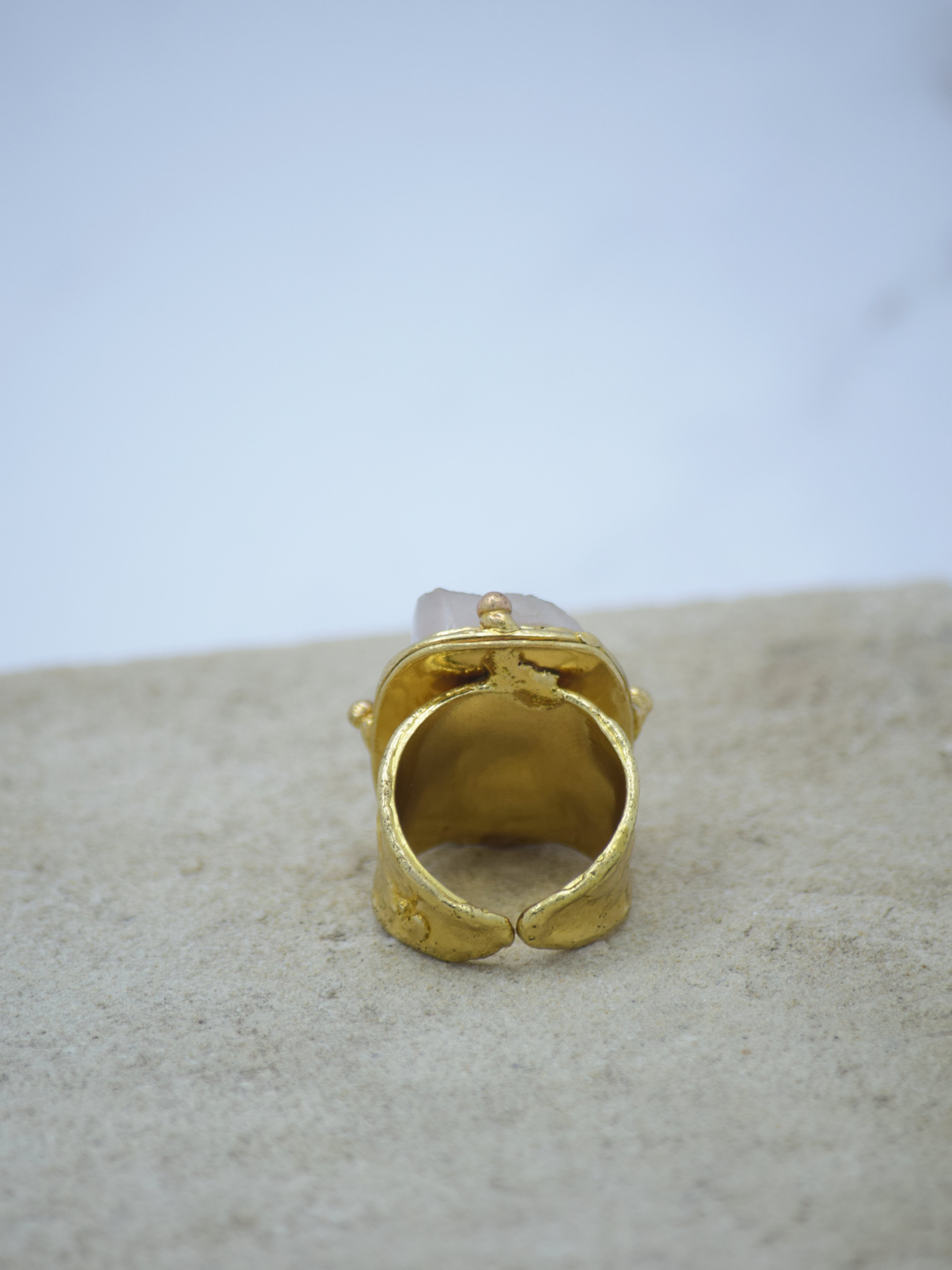 Rough Rose Quartz Gold Plated Adjustable Ring - QUEENS JEWELS