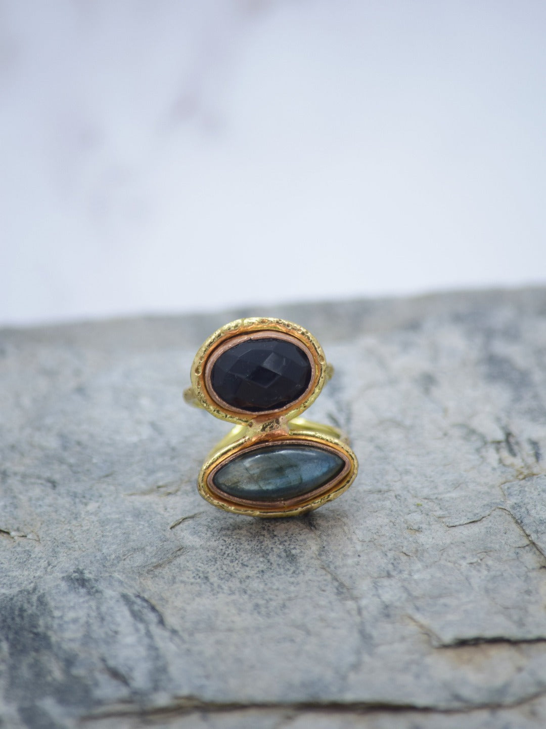 Gold Plated Dual Stone Labradorite Semi Adjustable Ring