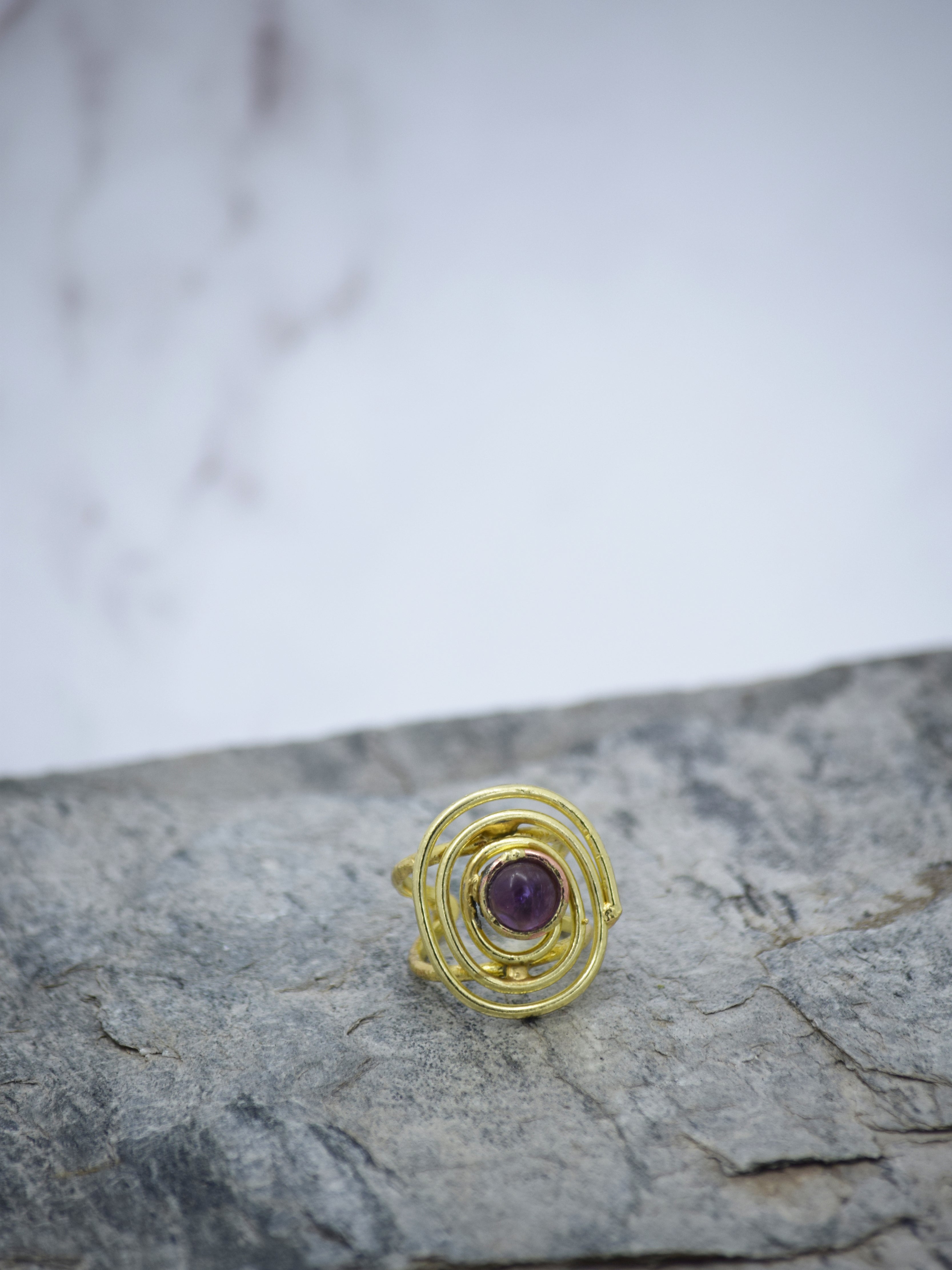 Gold Plated Spiral Look Alike Amethyst Semi Precious Stone Adjustable Ring