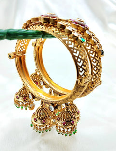 Antique Finish Bangle Pair with Jhumkis - QUEENS JEWELS